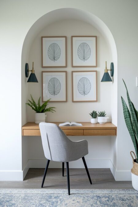 light cozy home office in the alcove with symmetrical wall sconces, prints, and small plants
