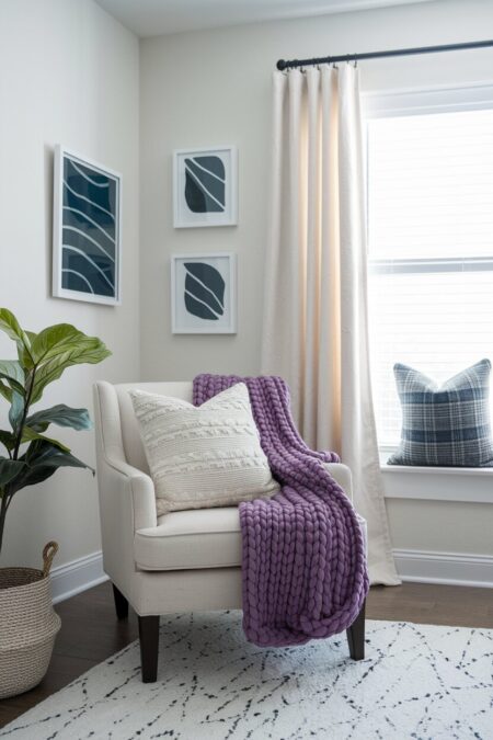 light cozy home office with a purple chunky knit throw draped over the armchair and a cream textured pillow