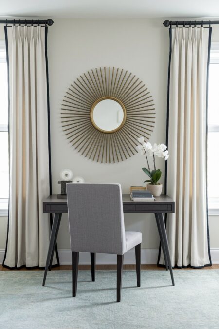 light cream Art Deco home office with a sunburst mirror above the small desk