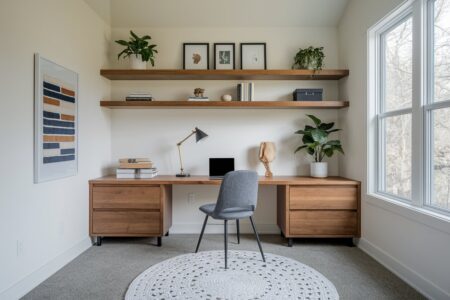 light earthy home office with wooden furniture and a gray chair