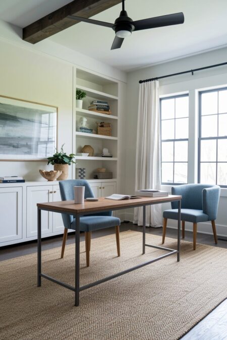 light farmhouse home office with a jute area rug, ceiling fan, and blue chairs