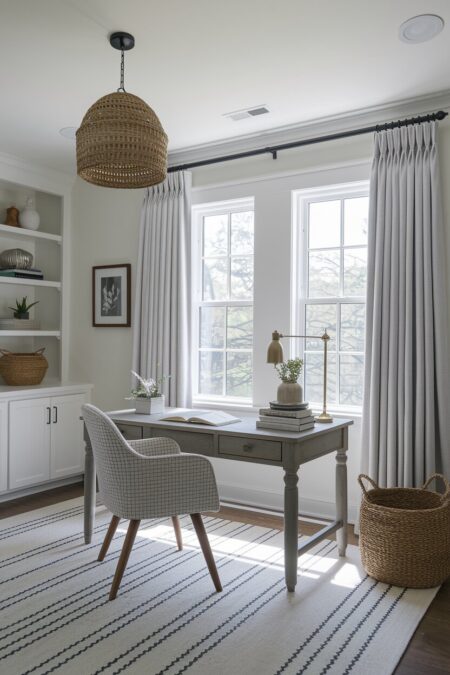 light farmhouse home office with a vintage-style desk facing a window and brass desk lamp