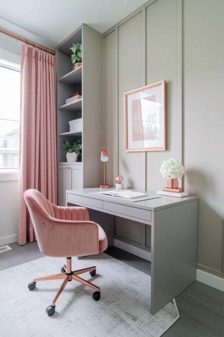 light gray home office with a blush pink velvet chair and decor, rose gold desk accessories