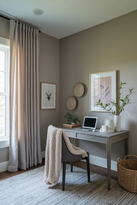 light gray home office with linen curtains and a weathered wood desk