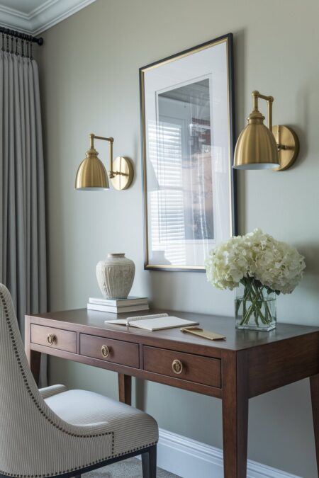 light gray traditional home office has a wooden desk with brass drawer pulls and brass wall sconces