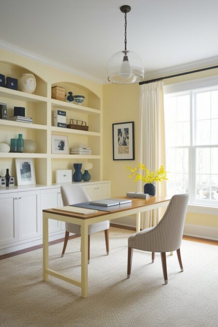 light pastel yellow home office with navy accessories and a glass pendant light
