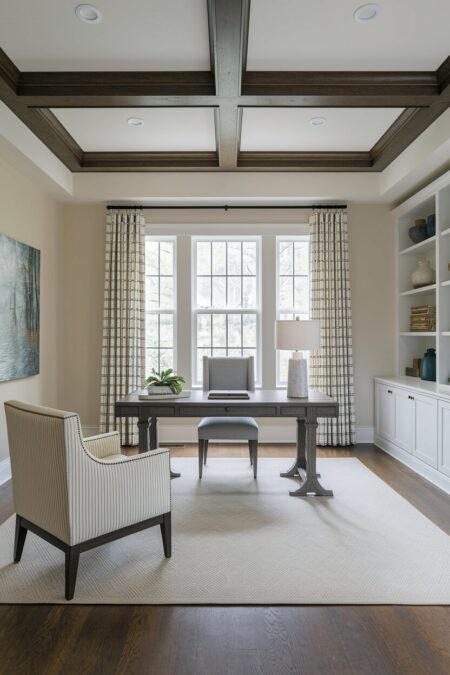 light traditional home office with a coffered ceiling