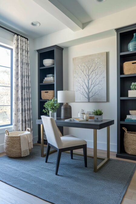 luxury home office with a deep color area rug, woven baskets for storage, and a tree painting