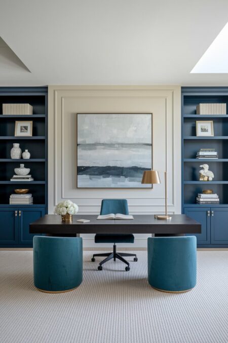 luxury home office with an abstract print, navy built-in shelving, and velvet seating