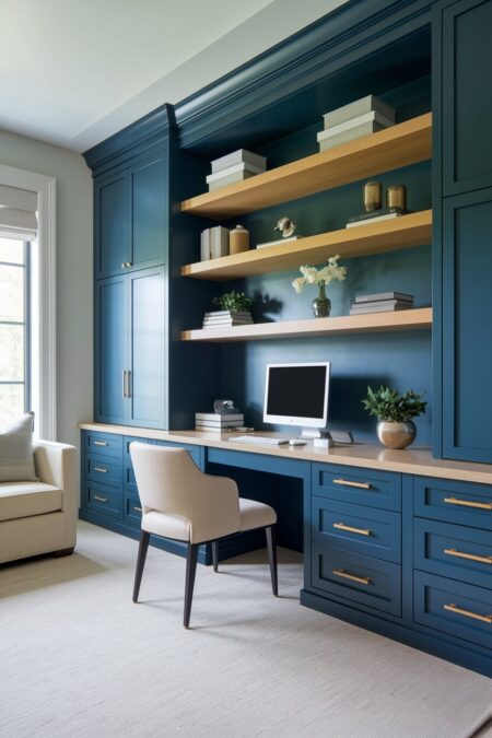 luxury home office with blue custom built-in cabinetry and light wood shelves