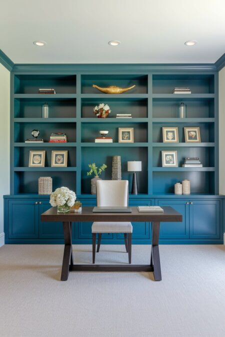 luxury home office with built-in blue-gray shelving