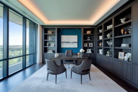 11 Luxury Home Office Ideas Where Design Meets Ambition luxury home office with built-in dark wooden shelving and leather chairs