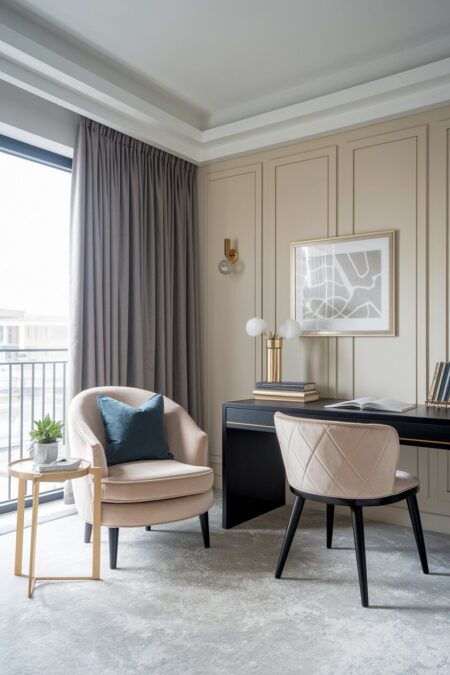 luxury home office with cream velvet seating