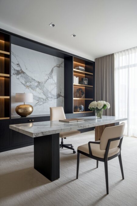 luxury home office with dark furniture, a marble-topped desk and wall behind