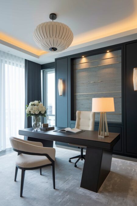 luxury home office with dark furniture and layered lighting