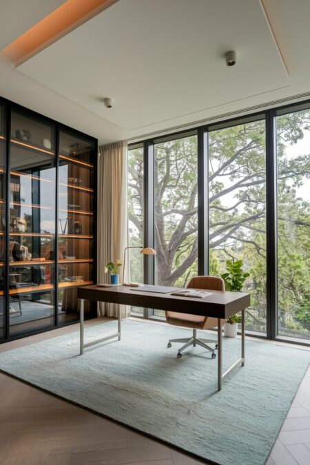 luxury home office with floor-to-ceiling windows and shelving with glass doors