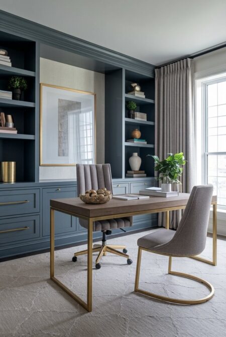 luxury home office with gray built-in shelving, brass furniture frames and hardware