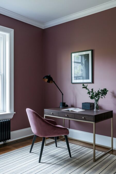 mauve home office with a dark walnut desk and velvet chair