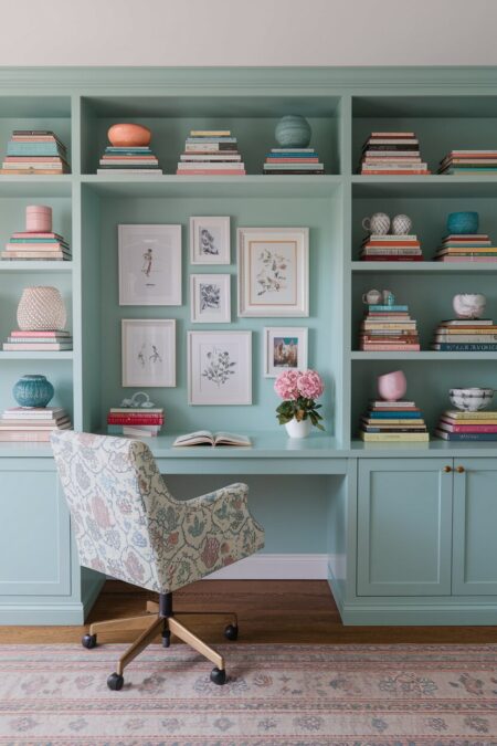 maximalist mint green pastel home office has built-in shelving with lots of books