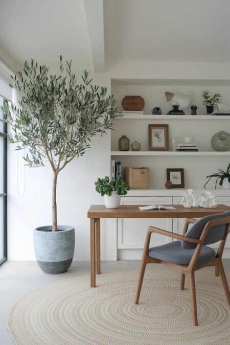 Mediterranean style home office with a potted olive tree