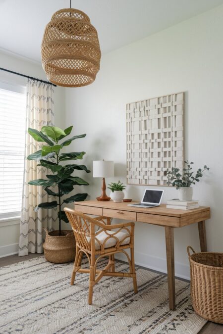Mediterranean style home office with a rattan desk chair, a woven pendant light, and a wicker storage basket