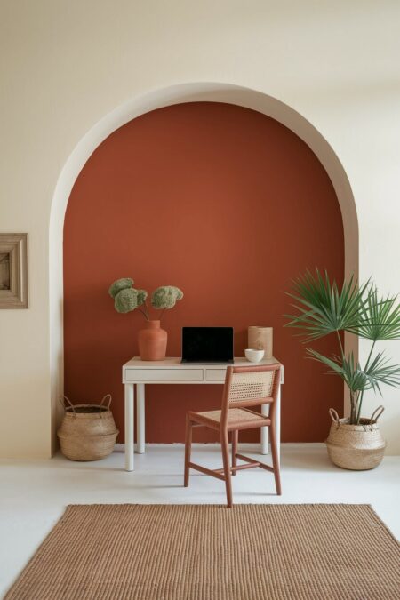 Mediterranean style home office with a terracotta accent wall and a vase on the white desk