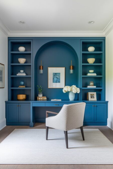 Mediterranean style home office with Aegean blue accent wall with built-in shelving and desk