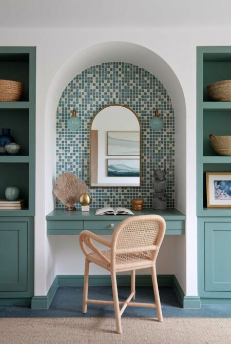 Mediterranean style home office with blue and white Zellige tile splashback, dusty turquoise furniture