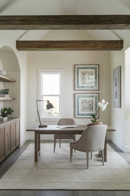 Mediterranean style home office with exposed wood beams