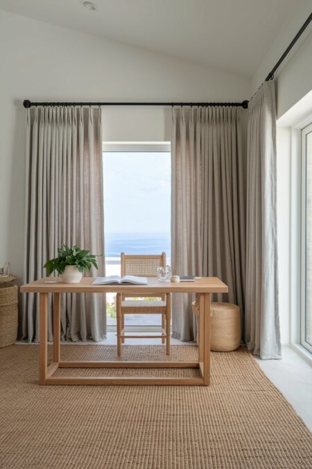 Mediterranean style home office with linen curtains and a jute rug