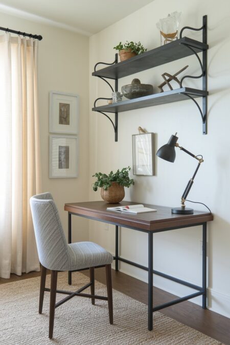Mediterranean style home office with slim wrought iron shelf brackets