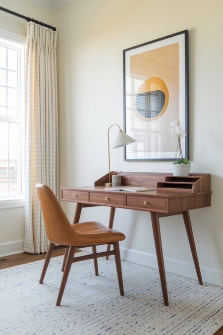 mid-century modern home office has a walnut desk with tapered legs and a leather chair