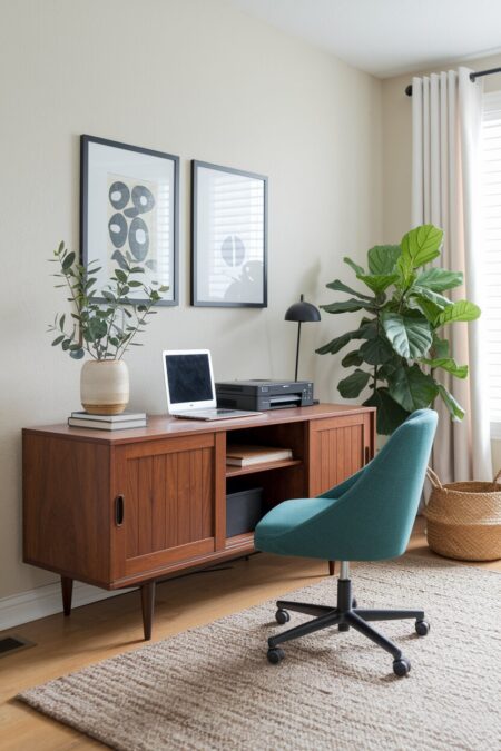 mid-century modern home office has a wooden vintage-style credenza with a printer on top of it