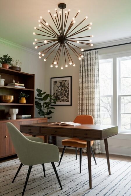 mid-century modern home office with a black sputnik-style pendant light