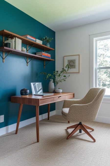 mid-century modern home office with a blue accent wall and a chair upholstered in a textured fabric, walnut desk and floating shelves