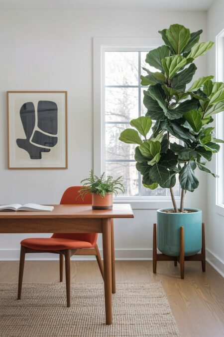 mid-century modern home office with a fiddle leaf fig in a ceramic planter in the corner near the window