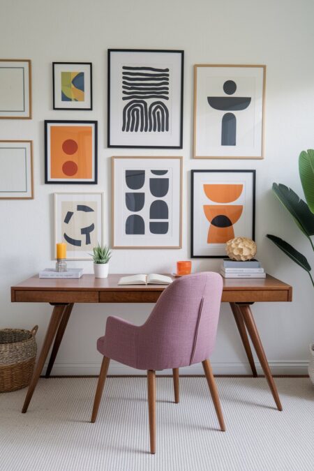 mid-century modern home office with a gallery wall, a wooden desk, and a dusty pink chair