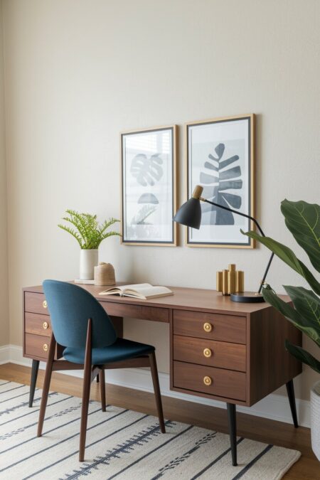 mid-century modern home office with a walnut desk and brass drawer knobs, a dark blue chair