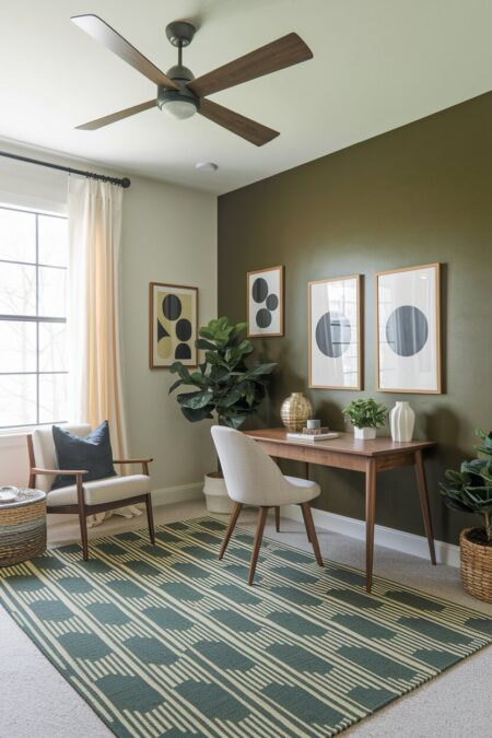 mid-century modern home office with an olive green accent wall and area rug with abstract shapes