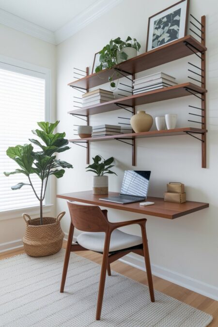 mid-century modern home office with floating walnut shelves and desk