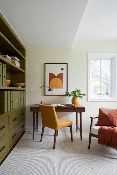 mid-century modern home office with olive file boxes and shelving, a mustard chair, and a rust throw pillow