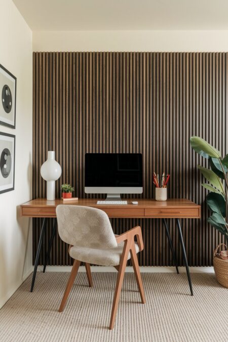 mid-century modern home office with vertical slat wood paneling behind the desk