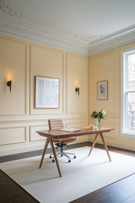 minimalist cream home office with moldings, wall sconces, and a wooden desk