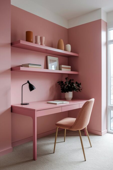 minimalist millennial pink home office with floating shelves and a tan chair
