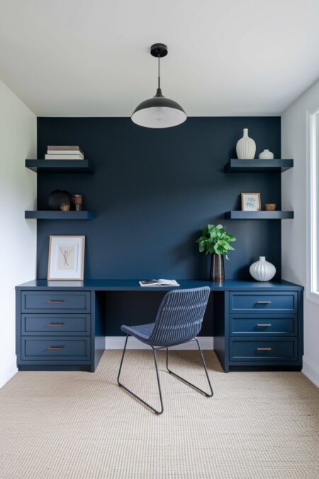 minimalist navy blue home office with floating shelves and a black pendant light