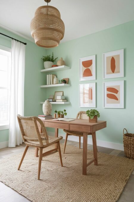 mint green pastel home office with an oak desk, white floating shelves, orange accents, and woven textures