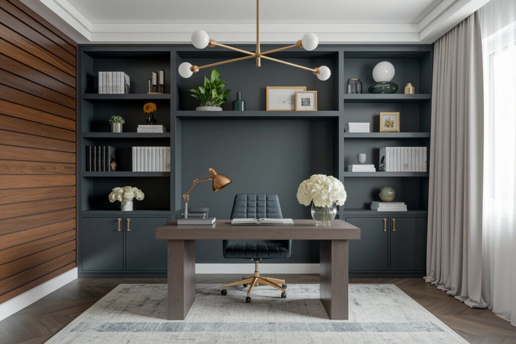 9 Art Deco Home Office Ideas Packed with Vintage Glamour modern Art Deco style home office with gray furniture and horizontal wood wall panelling