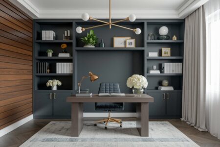modern Art Deco style home office with gray furniture and horizontal wood wall panelling