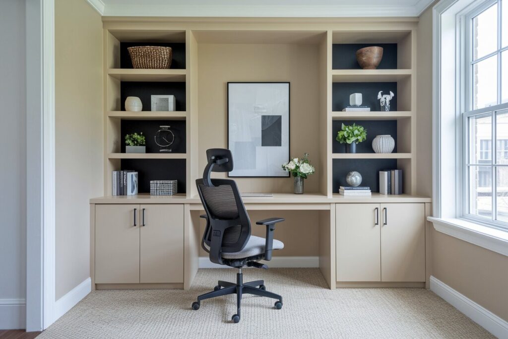14 Beige Home Office Ideas Built for Remote Work modern beige home office with an ergonomic office chair