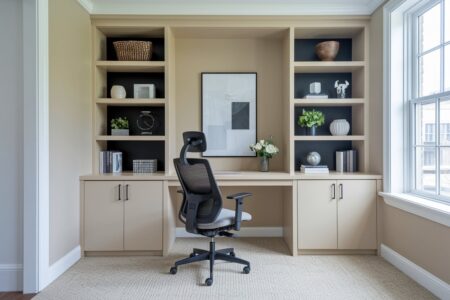 modern beige home office with an ergonomic office chair